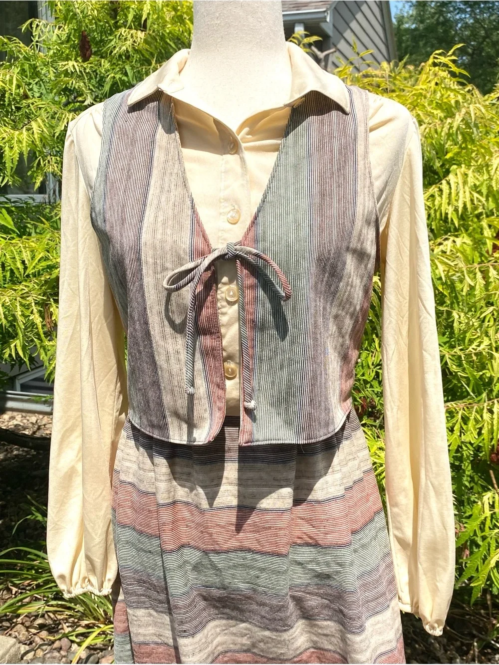 Vintage 70’s Kay Windsor Earth Tone Striped Dress and Vest Outfit Medium Large